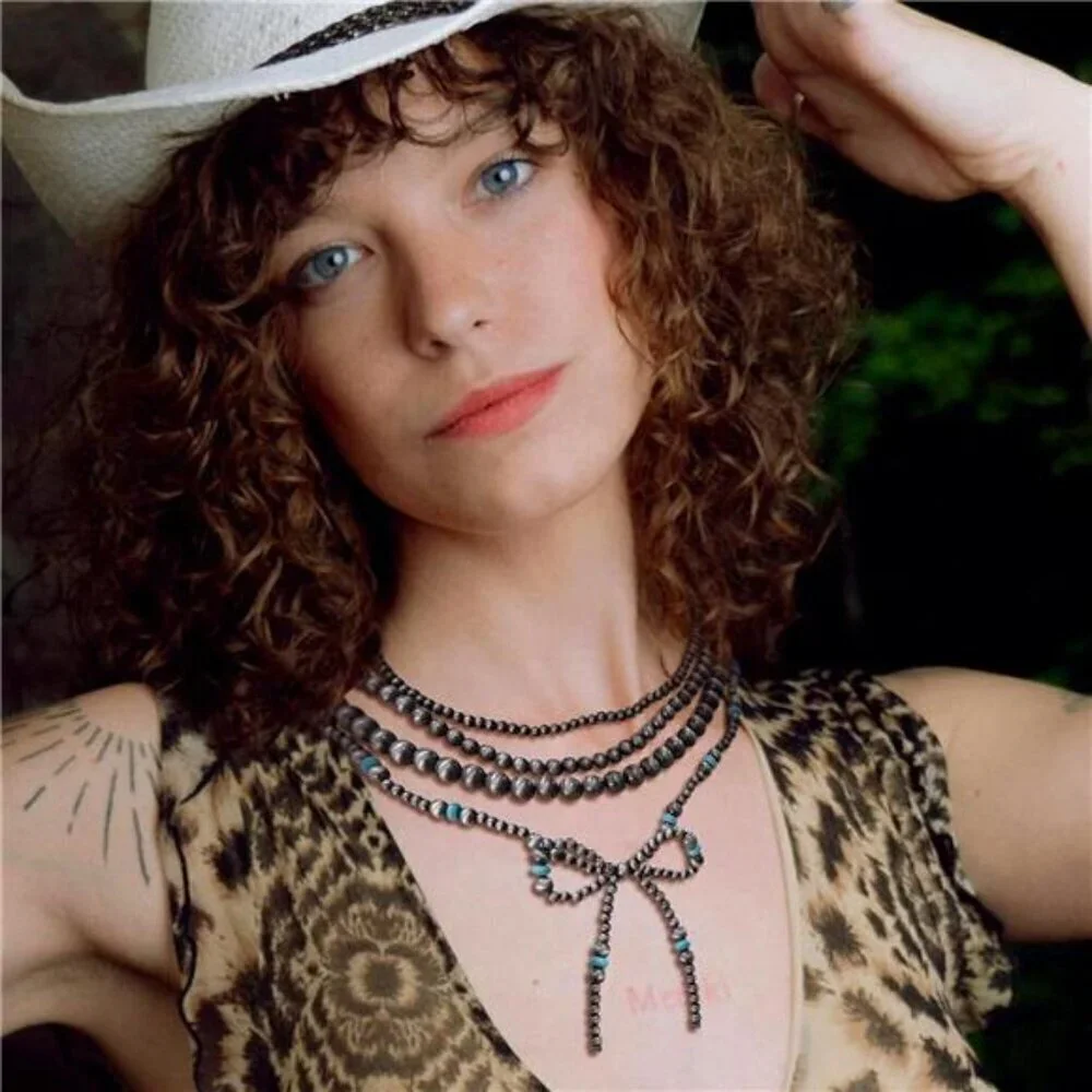 4pc Western Navajo Pearl & Turquoise Necklace Jewelry For Women Beaded Chain Bow